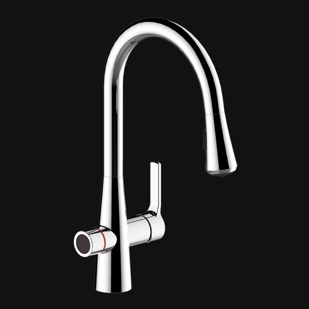 Chrome kitchen faucet on a black background